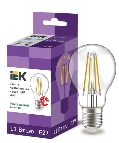 LED lamp A60 ball transparent. 11W 230V 4000K E27 series 360° IEK with filament LED (filament filament) is one of the most efficient light sources.
The main difference from conventional LED lamps is the light dispersion angle of up to 360° (additional comfort for the eyes). The lamp is used in household lighting devices. Presented in 3 versions: with transparent, gilded and matte flasks.
Complies with the requirements of the Technical Regulations of the Customs Union TR TS 004/2011, TR TS 020/2011, IEC 62560 and Decree of the Government of the Russian Federation dated November 10, 2017 No. 1356.