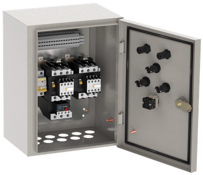 Ящик управления РУСМ5431-3974 реверсивный 1 фидер без автоматического выключателя с переключателем на автоматический режим 80А IP54 IEK