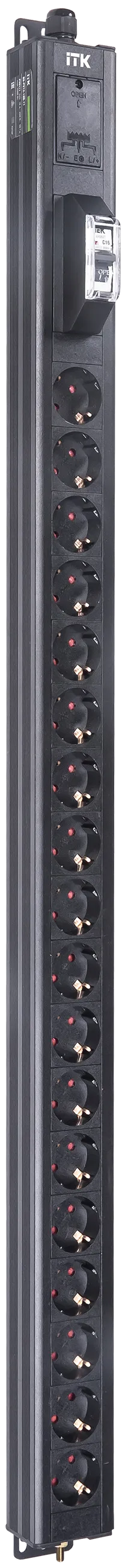 Вертикальный однотипный блок распределения питания PDU ITK включает в себя 18 розеток Schuko. PDU ITK изготавливается из высококачественных термостойких материалов и пластмасс, оснащается 2,6 метровым кабелем электропитания с вилкой Schuko. PDU ITK прекрасно справляется с задачей по электроснабжению сетевого оборудования в шкафах и стойках, а также с требованием защиты от токов короткого замыкания и перенапряжения. PDU ITK соответствует российским и международным стандартам качества и устанавливается с помощью кронштейнов, при этом положение кронштейнов можно менять, либо безынструментальным методом при помощи монтажных штифтов.