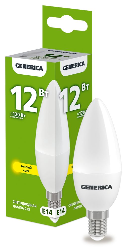 Лампа светодиодная C35 свеча 12Вт 230В 3000К E14 GENERICA (LL-C35-12-230-30-E14-G)