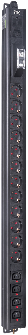 ITK BASE PDU вертикальный PV1111 22U 1 фаза 16А 12 розеток SCHUKO (немецкий стандарт) + 4 розетки C13 кабель 2,6м вилка SCHUKO (немецкий стандарт)0