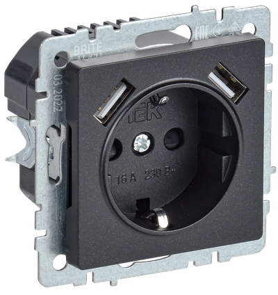 BRITE Розетка 1-местная с заземлением с защитными шторками 16А с USB A+A 5В 3,1А РЮш10-2-БрЧ черный IEK