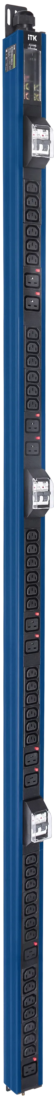 Вертикальный комбинированный блок распределения питания PDU ITK в синем корпусе включает в себя розетки двух типов: 38 розеток C13 и 10 розеток C19 – что позволяет подключать с их помощью различное оборудование. PDU ITK изготавливается из высококачественных термостойких материалов и пластмасс, оснащается 6 метровым кабелем электропитания с вилкой промышленного назначения IEC60309. PDU ITK прекрасно справляется с задачей по электроснабжению сетевого оборудования в шкафах и стойках, а также с требованием защиты от токов короткого замыкания и перенапряжения. PDU ITK соответствует российским и международным стандартам качества и устанавливается с помощью кронштейнов, при этом положение кронштейнов можно менять, либо безынструментальным методом при помощи монтажных штифтов. 