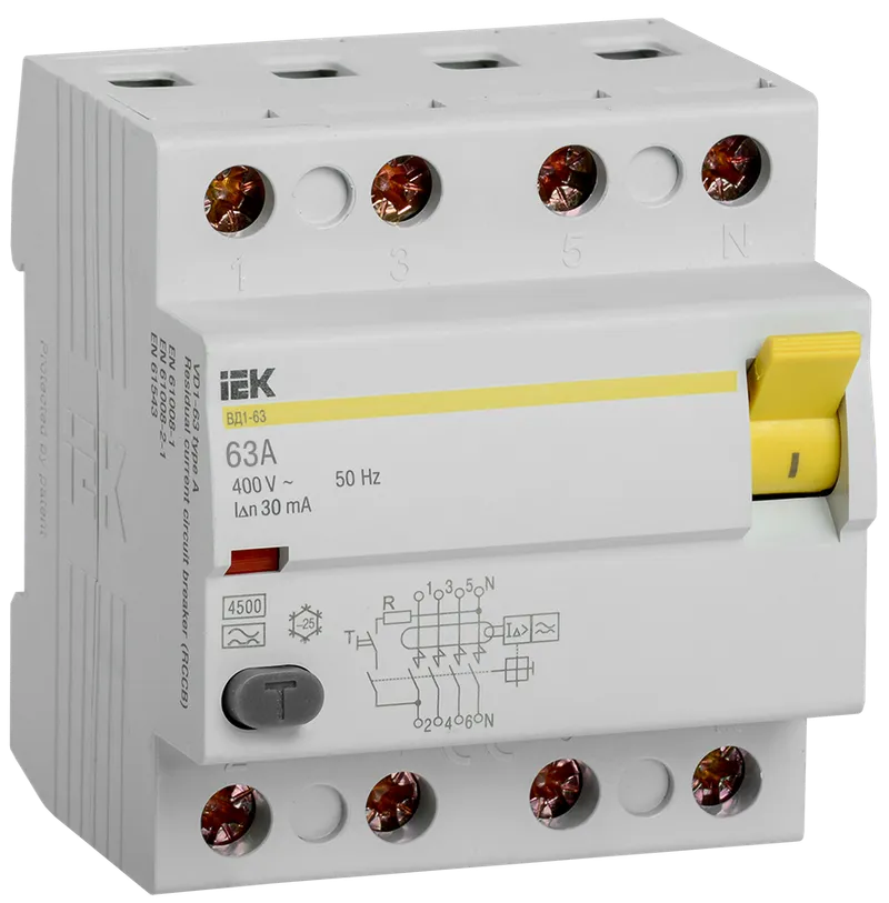 Выключатель дифференциальный (УЗО) ВД1-63 4Р 63А 30мА тип А IEK