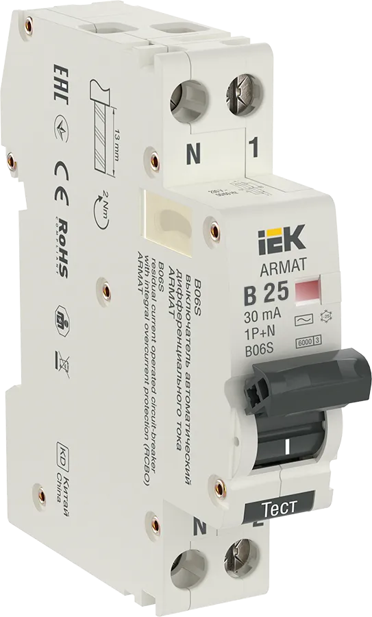 ARMAT Автоматический выключатель дифференциального тока B06S 1P+NP B25 30мА тип AC (18мм) IEK