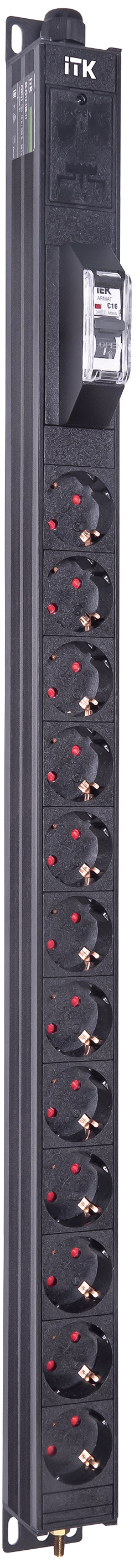 ITK BASE PDU вертикальный PV0111 18U 1 фаза 16А 12 розеток SCHUKO (немецкий стандарт) кабель 2,6м вилка SCHUKO (немецкий стандарт)