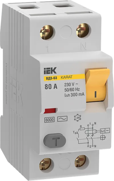 Выключатель дифференциальный (УЗО) KARAT ВД3-63 2P 80А 300мА 6кА тип AC IEK