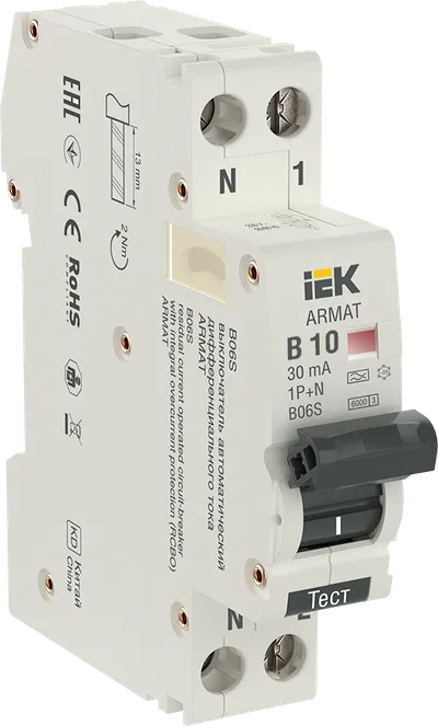 ARMAT Автоматический выключатель дифференциального тока B06S 1P+NP B10 30мА тип A (18мм) IEK