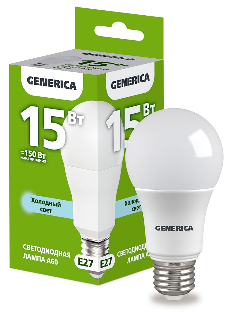 Лампа светодиодная A60 груша 15Вт 230В 6500К E27 GENERICA (LL-A60-15-230-65-E27-G)