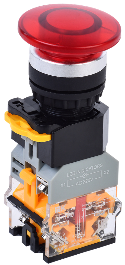 Кнопка D8-11MD "Грибок" d=22мм 1NO+1NC с подсветкой красная IEK