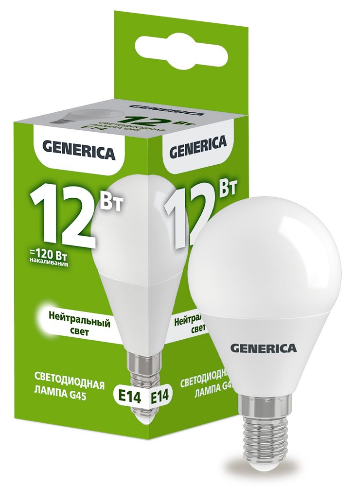 Лампа светодиодная G45 шар 12Вт 230В 4000К E14 GENERICA (LL-G45-12-230-40-E14-G)