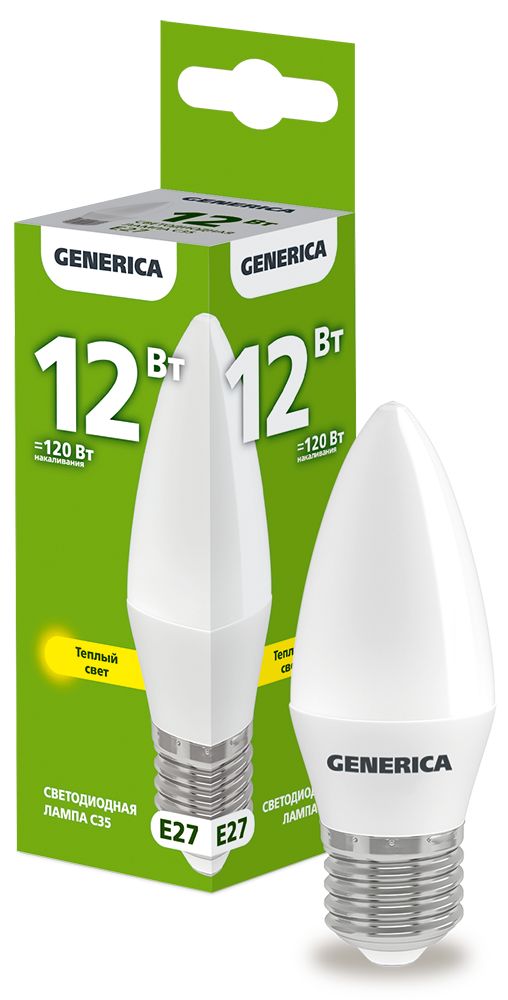 Лампа светодиодная C35 свеча 12Вт 230В 3000К E27 GENERICA (LL-C35-12-230-30-E27-G)