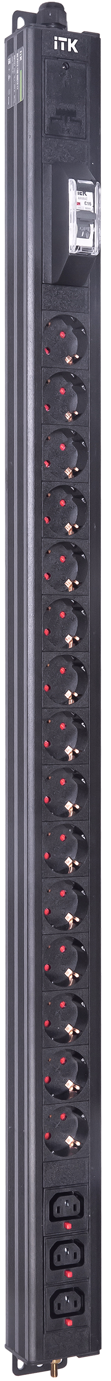 ITK BASE PDU вертикальный PV1111 24U 1 фаза 16А 15 розеток SCHUKO (немецкий стандарт) + 3 розетки C13 кабель 2,6м вилка SCHUKO (немецкий стандарт)
