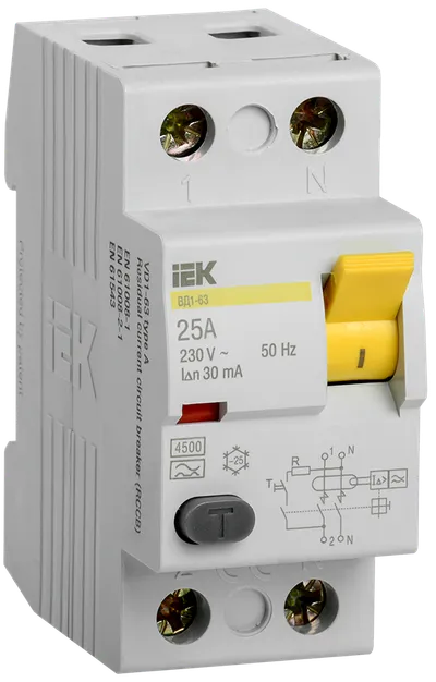 Выключатель дифференциальный (УЗО) ВД1-63 2Р 25А 30мА тип А IEK