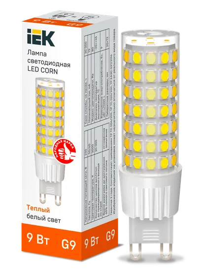 LED capsule lamp LED CORN capsule 9W 230V 3000K ceramics G9 IEK is a replacement for capsule halogen lamps of the corresponding base and is used both for basic lighting of residential and commercial premises, and for spot and accent lighting.