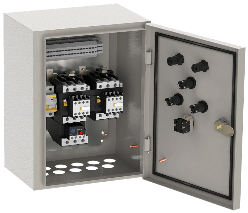 Ящик управления РУСМ5430-3874 реверсивный 1 фидер без автоматического выключателя без переключателя на автоматический режим 63А IP54 IEK