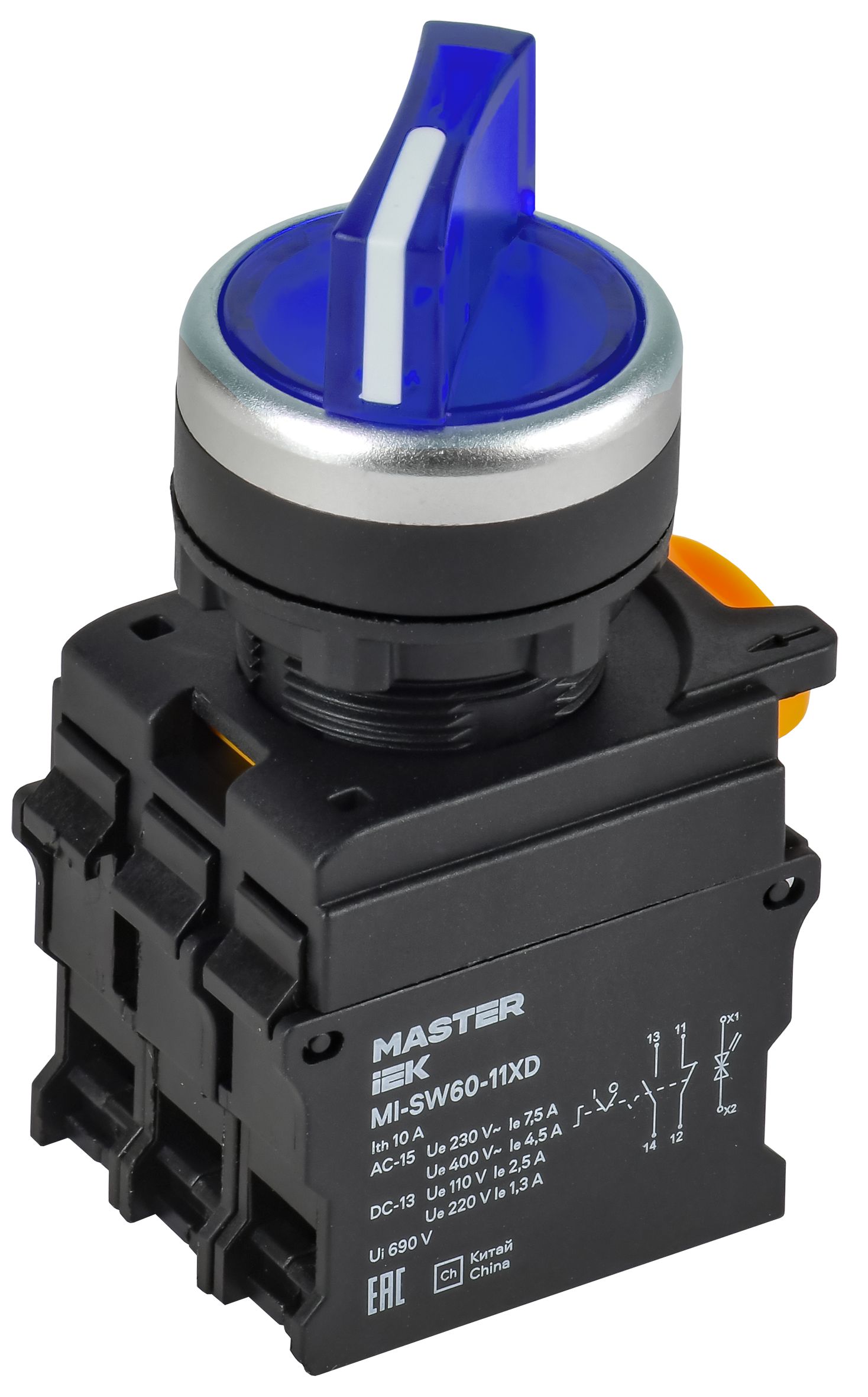 Переключатель с подсветкой на 2 положения 1NO+1NC синий MASTER IEK (MI-SW60-11XD-3-14-2-K07)