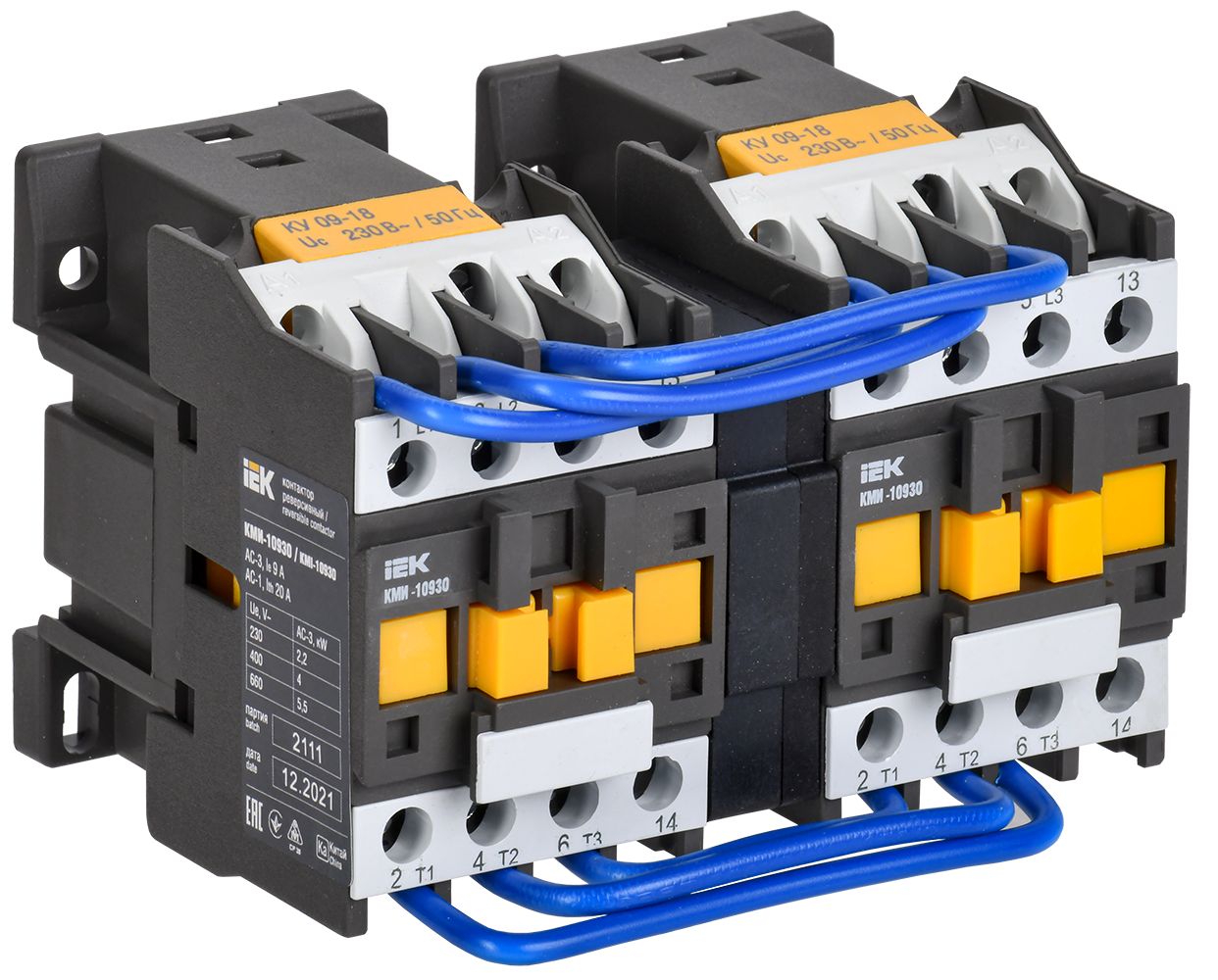 Контактор КМИ-10930 реверс 9А 230В/АС3 2NO IEK (KKM13-009-230-20-1)