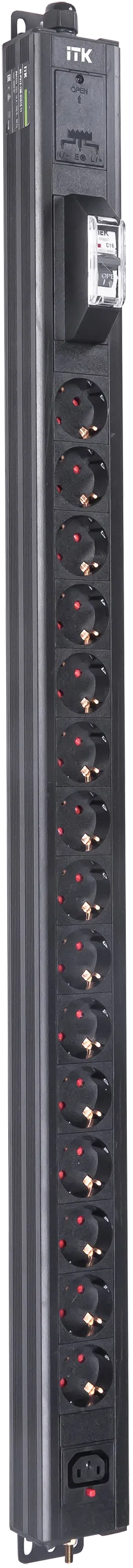 Вертикальный комбинированный блок распределения питания PDU ITK включает в себя розетки двух типов: 15 розеток Schuko и 1 розетку C13 – что позволяет подключать с их помощью различное оборудование. PDU ITK изготавливается из высококачественных термостойких материалов и пластмасс, оснащается 2,6 метровым кабелем электропитания с вилкой Schuko. PDU ITK прекрасно справляется с задачей по электроснабжению сетевого оборудования в шкафах и стойках, а также с требованием защиты от токов короткого замыкания и перенапряжения. PDU ITK соответствует российским и международным стандартам качества и устанавливается с помощью кронштейнов, при этом положение кронштейнов можно менять, либо безынструментальным методом при помощи монтажных штифтов.