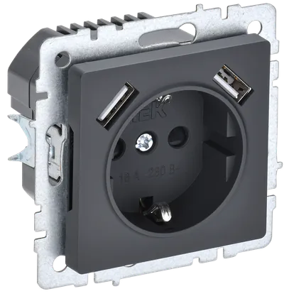 BRITE Socket outlet 1-gang with earthing with protective shutters 16A with USB A+A 5V 2.1A RUSh10-1-BrG graphite IEK