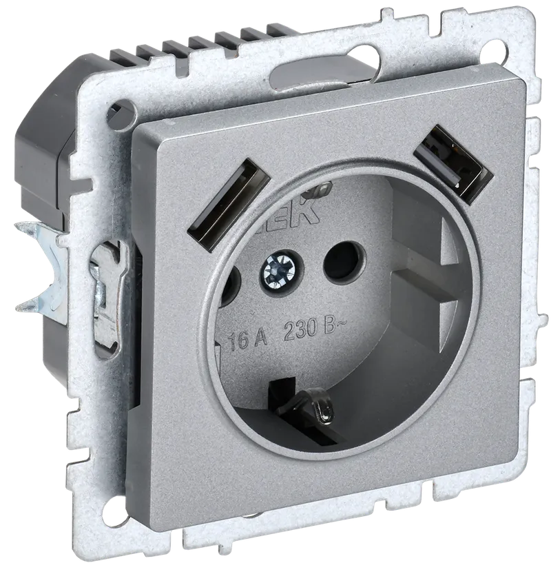 BRITE Socket 1gang grounded with protective shutters 16A with USB A+A 5V 2.1A RUSH10-1-BrA aluminum IEK