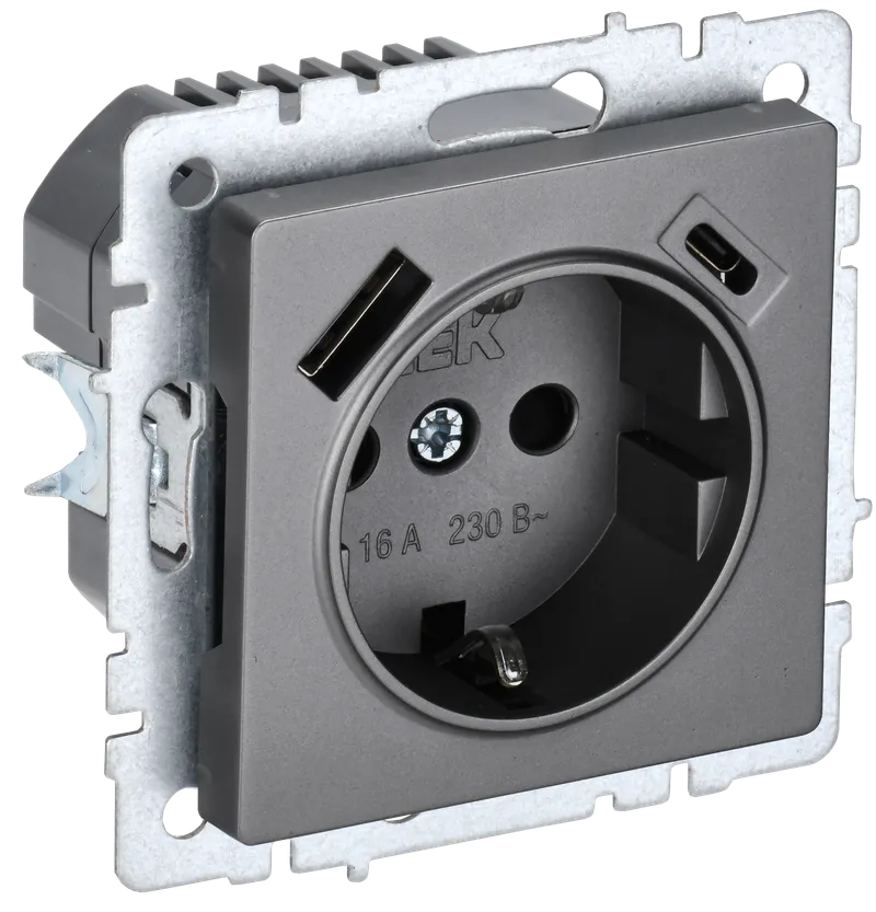 BRITE Socket outlet 1-gang with earthing with protective shutters 16A with USB A+C 18W RUSh11-1-BrS steel IEK