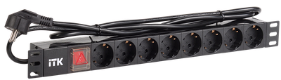 ITK PDU 8 розеток DIN49440 (нем. станд.) с LED выключателем, 1U, шнур 2м вилка DIN49441 (нем. станд.), профиль из ПВХ, черный