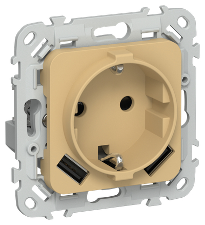 FLITE Розетка 1-местная с заземлением с защитными шторками 16А с USB A+A 3,1А безвинтовое крепление РСЮша11-1-ФлШм шамуа IEK