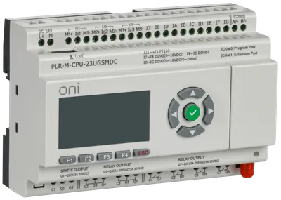 Микро ПЛК ONI. Расширяемая версия. Со встроенным экраном. 10 дискретных входов (4 как U/I, 2 как 0-10В, 4 до 60кГц), 2 транзисторных выхода до 10кГц, 8 релейных выходов. RTC. SD карта. RS485. Ethernet. GSM/LTE. Напряжение питания 24В DC