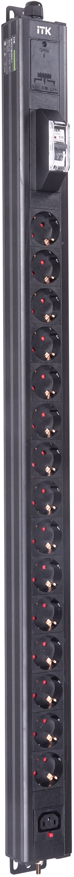 ITK BASE PDU вертикальный PV1111 22U 1 фаза 16А 15 розеток SCHUKO (немецкий стандарт) + 1 розетка C13 кабель 2,6м вилка SCHUKO (немецкий стандарт)