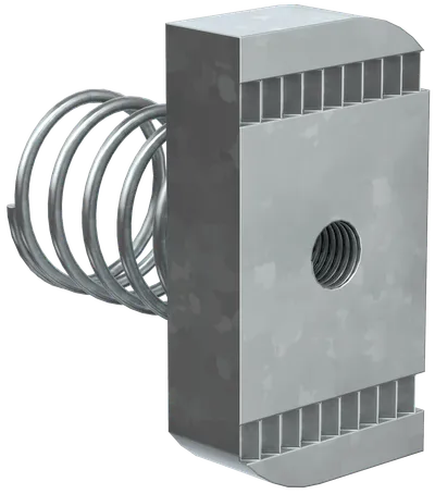 Гайка канальная с пружиной предназначена для крепления элементов STRUT-системы между собой, а также кабельных лотков к STRUT-консолям.
Используется с профилем сечения 41х21.