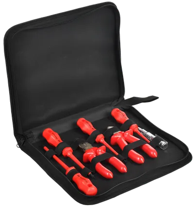 The set of dielectric tools N-02 series K2 (Profi) is designed for use under voltage up to 1000 V. The set includes pliers 160mm, side cutters 160mm, Phillips screwdrivers PH1x80, PH2x100; slotted screwdrivers SL4.0x100, SL5.5x125 and a probe screwdriver OP-1.
Handle material - PVC polyvinyl chloride.
