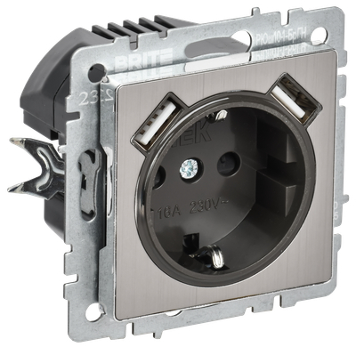 BRITE Розетка 1-местная с заземлением с защитными шторками 16А с USB A+A 5В 2,1А РЮш10-1-БрГН металл хром/никель IEK