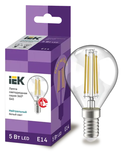 LED lamp G45 ball transparent. 5W 230V 4000K E14 series 360° IEK with filament LED (filament thread) is one of the most efficient light sources.
The main difference from conventional LED lamps is the light dispersion angle of up to 360° (additional comfort for the eyes). The lamp is used in household lighting devices. Presented in 3 versions: with transparent, gilded and matte flasks.
Complies with the requirements of the Technical Regulations of the Customs Union TR TS 004/2011, TR TS 020/2011, IEC 62560 and Decree of the Government of the Russian Federation dated November 10, 2017 No. 1356.
