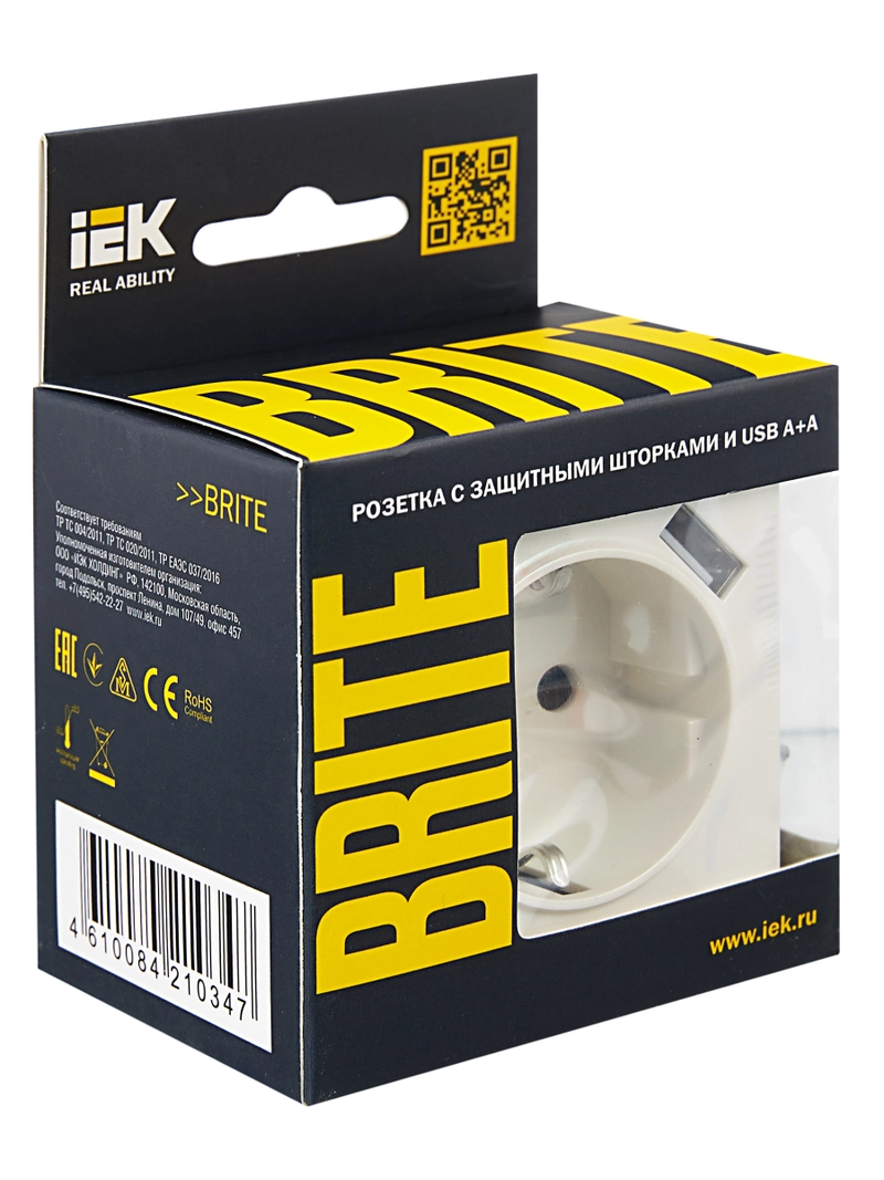 BRITE Розетка 1-местная с заземлением с защитными шторками 16А с USB A+A 5В  3,1А РЮш10-2-БрЖ жемчуг IEK (BR-R14-16-U21-D31-K36) - характеристики,  документация, где купить