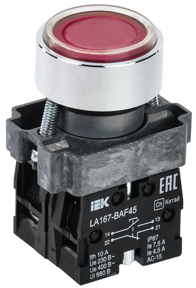 Кнопка управления LA167-BAF45 d=22мм 1NO+1NC красная IEK (BBT20-BAF45-3-22-67-K04)