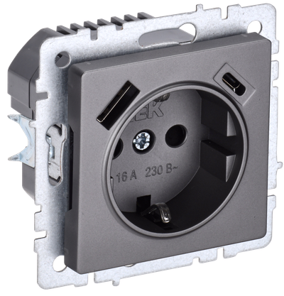 BRITE Розетка 1-местная с заземлением с защитными шторками 16А с USB A+C 18Вт РЮш11-1-БрС сталь IEK