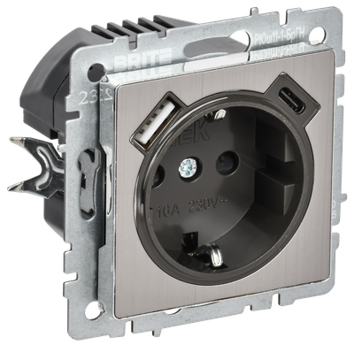 BRITE Розетка 1-местная с заземлением с защитными шторками 16А с USB A+C 18Вт РЮш11-1-БрГН металл хром/никель IEK