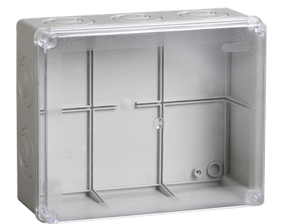 Коробка распаячная КМ41275 для открытой проводки безгалогенная (HF) 240х195х90мм с прозрачной крышкой IP44 5 вводов RAL 7035 IEK