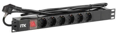 ITK PDU 6 розеток DIN49440 (нем. станд.) с LED выключателем, 1U, шнур 2м вилка DIN49441 (нем. станд.), профиль из ПВХ, черный