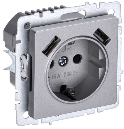 BRITE Розетка 1-местная с заземлением с защитными шторками 16А с USB A+A 5В 2,1А РЮш10-1-БрА алюминий IEK