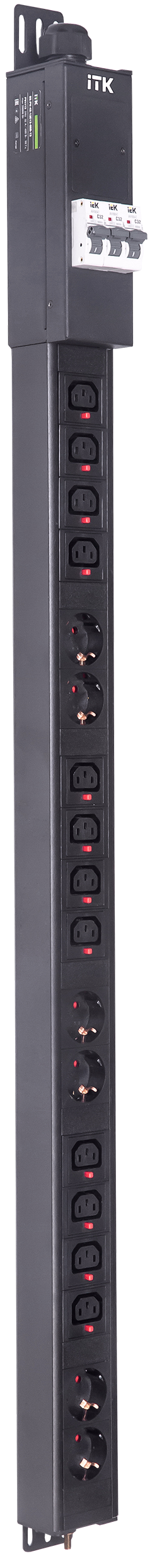 ITK BASE PDU вертикальный PV1113 25U 3 фазы 32А 6 розеток SCHUKO (немецкий стандарт) + 12 розеток C13 с клеммной колодкой и кабелем 3м вилка IEC60309 (промышленная)
