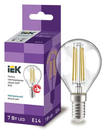 LED lamp G45 ball transparent. 7W 230V 4000K E14 series 360° IEK with filament LED (filament thread) is one of the most efficient light sources.
The main difference from conventional LED lamps is the light dispersion angle of up to 360° (additional comfort for the eyes). The lamp is used in household lighting devices. Presented in 3 versions: with transparent, gilded and matte flasks.
Complies with the requirements of the Technical Regulations of the Customs Union TR TS 004/2011, TR TS 020/2011, IEC 62560 and Decree of the Government of the Russian Federation dated November 10, 2017 No. 1356.