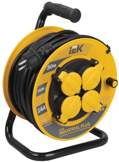 An extension cord on a reel makes it easy to connect electrical equipment remote from a fixed outlet. Indispensable on construction sites, in gardens, in amusement parks, in industry and in everyday life.