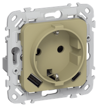 FLITE Розетка 1-местная с заземлением с защитными шторками 16А с USB A+C 20Вт безвинтовое крепление РСЮшс11-1-ФлО оливковый IEK
