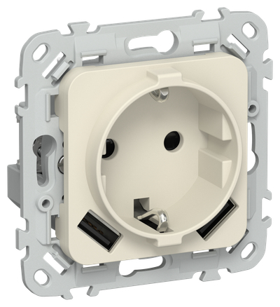 FLITE Розетка 1-местная с заземлением с защитными шторками 16А с USB A+A 3,1А безвинтовое крепление РСЮша11-1-ФлСл сливочный IEK
