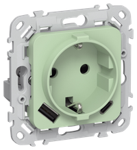 FLITE Розетка 1-местная с заземлением с защитными шторками 16А с USB A+C 20Вт РСЮшс11-0-ФлФ фисташковый IEK