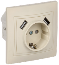 KVARTA Розетка с заземлением с защитными шторками 16А USBх2 2,1А РЮш10-1-ККм кремовый GENERICA