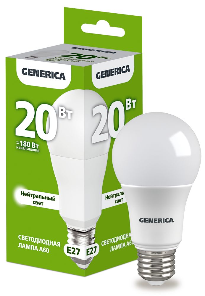 Лампа светодиодная A60 груша 20Вт 230В 4000К E27 GENERICA (LL-A60-20-230-40-E27-G)