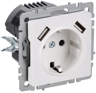 BRITE Розетка 1-местная с заземлением с защитными шторками 16А с USB A+A 5В 3,1А РЮш10-2-БрАБ арктический белый IEK